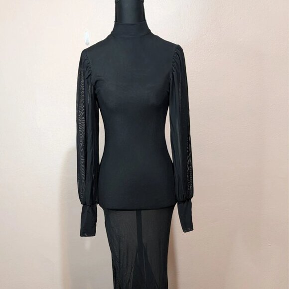 Black Sheer Mesh Maxi Dress Whimsigoth Mermaid Puddle Hem Mock Neck Gown M 6 - Picture 2 of 11